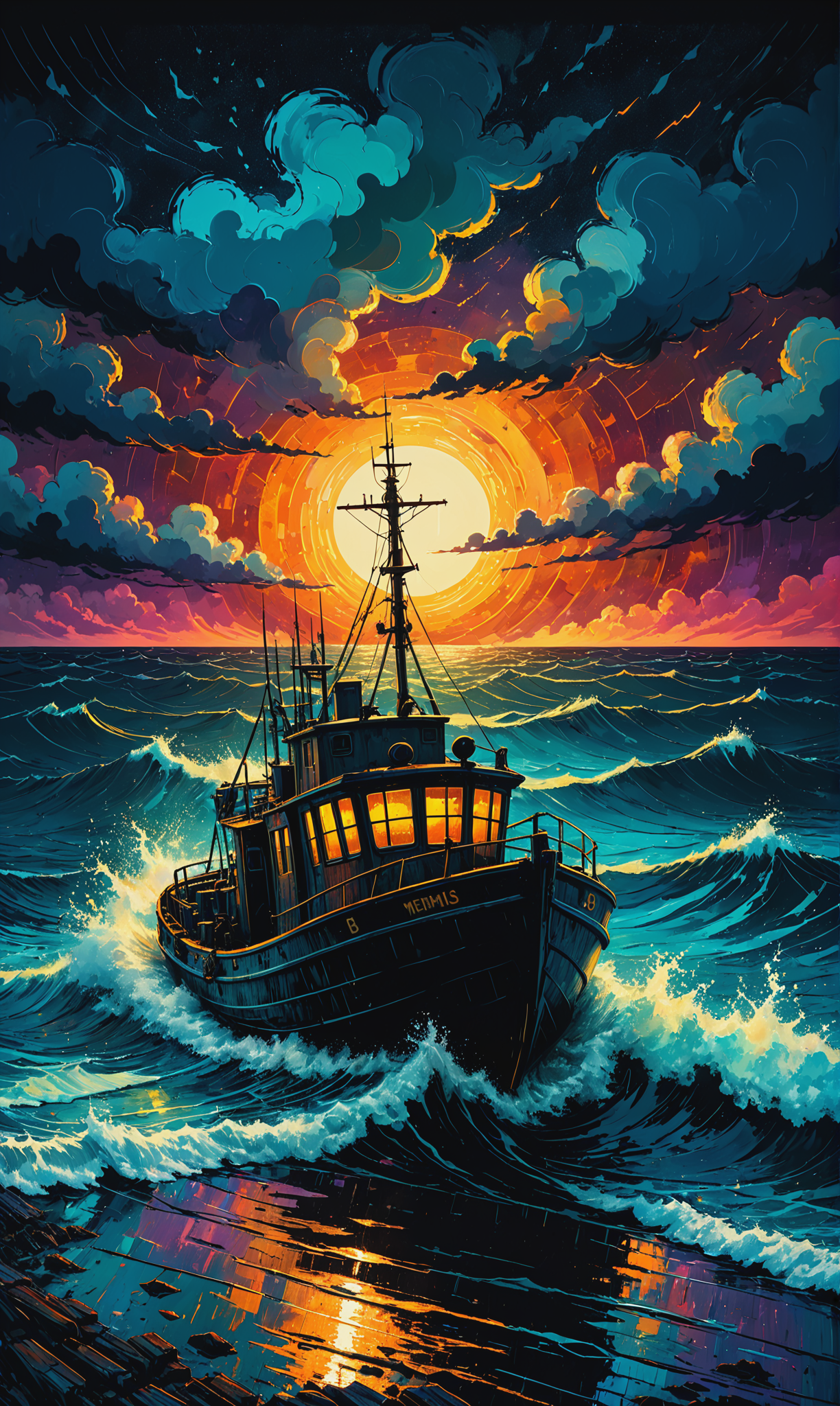 01022-2779709991-Mixed media magic. Artist James R. Eads. Stormy night over the troubled sea. drifting fishing boat, flashes of lightning on the.png